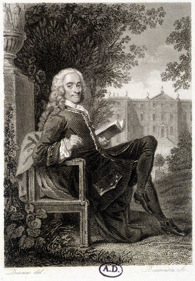 Voltaire läsning i en park - gravyr av Unknown artist