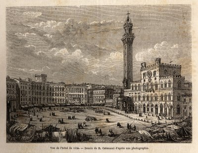 Utsikt över rådhustorget i Siena, gravyr för att illustrera en resa till Siena (Italien) 1865, i "Le tour du monde, nouveau journal des voyages"" publicerad under ledning av Edouard Charton av Unknown artist