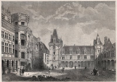 Exteriör vy av slottet Blois med den monumentala trappan - Gravyr i "" Le Monde Illustrie"" av Unknown artist