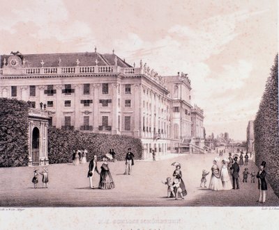 Vandrare i parken Schonbrunn Palace (Schoenbrunn) i Wien. Österrike. Tryck från början av 1800-talets Privatsamling av Unknown artist