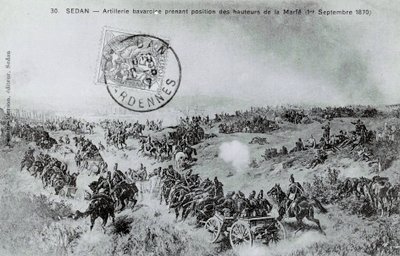 1870 års krig: Bayerskt artilleri tar position från Marfes höjder i Ardennerna den 01/09/1870. Gravyr från 1870 av Unknown artist