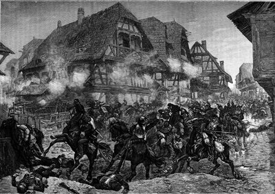 Kriget 1870: anfallet av det 8:e och 9:e slagskeppen genom Morsbronns (Alsace) gator. Gravyr i "" Le Journal de la jeunesse"" av Unknown artist