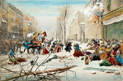 Kriget 1870: belägringen av Paris 1870, bombardement av preussarna. Invånarna i Paris lämnar de bombade områdena under snö. Akvarell av 1800-talet. Paris, Musee de l