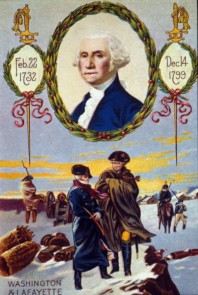 USA:s självständighetskrig: markisen de Lafayette (1757-1834) träffade George Washington (1732-1799) med Valley Forge för att hjälpa honom 1777. kromolitografi från 1800-talet av Unknown artist