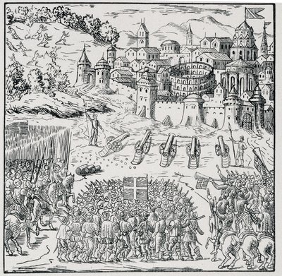 Religionskrig: Staden Nîmes belägrad av kungens armé (Henry III) 1576 - i "" Samling av 39 figurer som representerar Frankrikes katastrofer från 1562 till 1586""", Louis Perrin imprim. av Unknown artist