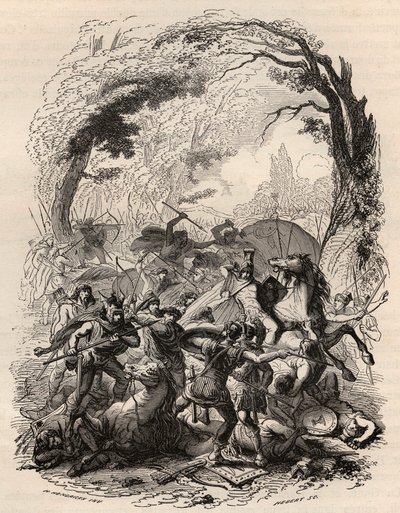 Gallernas krig: Slaget vid Aduatuca mellan det belgiska folket i Eburons och den romerska armén. Quintus Titurius Sabinus och Lucius Aurunculeius Cotta besegrades 54 f.Kr. Gravyr från 1868 i "Belgiens historia från primitiva tider till slutet av den av Unknown artist