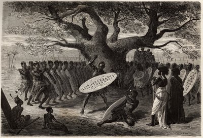 Krigarövningar av Landines eller caffres-zulus, en Sena (Zambese River-regionen, Moçambique). Gravyr för att illustrera Dr. Livingstones första resor till södra Afrika från 1840 till 1856, i "Le tour du monde, nouveau journal des voyages"" publicerad under av Unknown artist