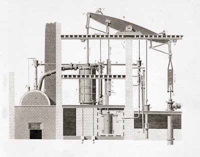 Watt ångmaskin. Schema. 1800-talsgravyr av Unknown artist