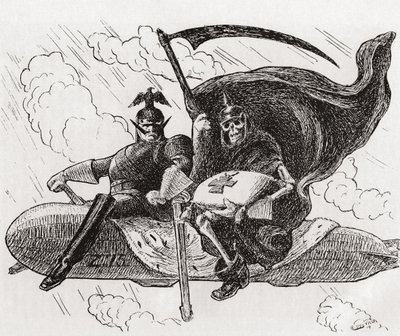 "Vi två", krigsherren och hans allierade: En tysk befälhavare och ett skelett, eller döden, som sitter ovanpå en Zeppelinare av Unknown Artist