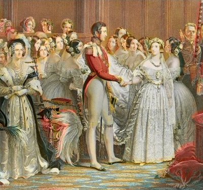 Drottning Victorias bröllop med prins Albert av Sachsen Cobourg Gotha i Saint James Palace i London 10 februari 1840 (gravyr) av Unknown artist