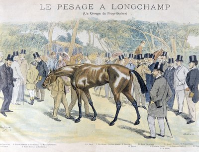 Vägning hos Longchamp och en grupp hästägare av Unknown artist