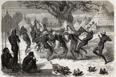 Välkomstdans av kvinnorna i stammen, när Baker och hans fru återvänder från Lake Albert (Albert Nyanza). Gravyr för illustration le voyage au lac Albert, en 1861-1864, av Sir Samuel White Baker, i "Le tour du monde, nouveau journal des voyages av Unknown artist