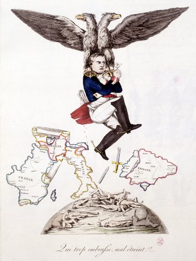Vem omfamnar också illa omfamnar: efter att ha sått död i hela Europa ansluter sig Napoleon till ön Elba, buren av en örn - i "" Napoleon 1:a, karikatyrer, dummysamling"", ca. 1814 av Unknown artist