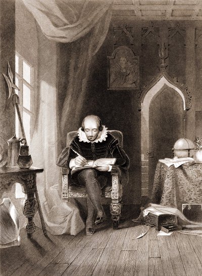 William Shakespeare (1564 - 1616) på sitt kontor. av Unknown artist