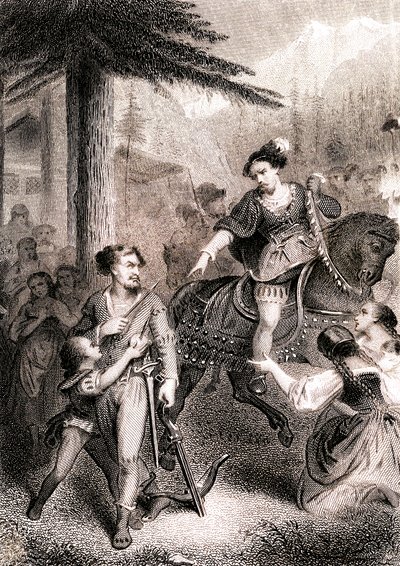 William Tell sägs ha skjutit fogden Gessler i den patriotiska schweiziska legenden av Unknown artist