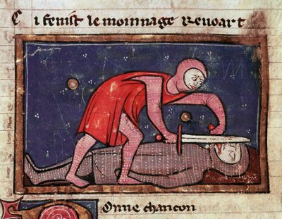 William V av Poitiers kallad den store (960-1030) skär tungan på sin fiende greve Boson II av Marche (988-1008) i 1008 Miniatyr hämtad från "The moinage of William"" (ms. 1025) 1200-talets Milano, Biblioteca Trivulziana av Unknown artist