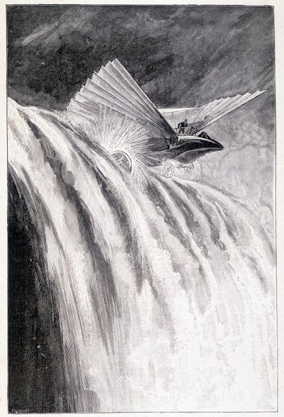 Bevingat fordon som korsar ett vattenfall, sjuk. "" Världens mästare"", Jules Verne, sent 1800-tal. av Unknown artist