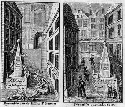 Vinterpyramiden 1784 i Paris. Fac simile (Fac-simile) av två tryck publicerade i "La Pyramide de neige", almanacka från 1786. Gravyr i "" Nature: granskning av vetenskaper och deras tillämpningar på konst och industri "" av 16 mars av Unknown artist