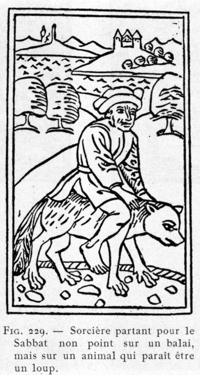 Häxan som åker till sabbaten inte på en kvast, utan på ett djur som verkar vara en varg. av Unknown artist