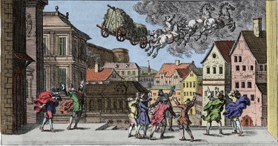Häxkonst och tro: en skandinavisk trollkarl som provocerar ett tempet så starkt att hon lyfter en häst och hans vagn lastad med hö. Gravyr från "Mundi Mirabilis Oeconomia" av Johann Zahn (1631-1707) av Unknown artist