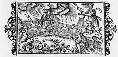 Trollkarl som dischaining a storm - i "History of Gentibus Septentrionalibus" (History of the Peoples of the North) av Olaus Magnus, Rom av Unknown artist