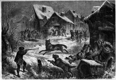 Vargjakt i byn Saliers, Bouches du Rhone (13), 31 december 1860. Gravyr i "" Le Monde Illustré"" nr 196 av 12 januari 1861. av Unknown artist