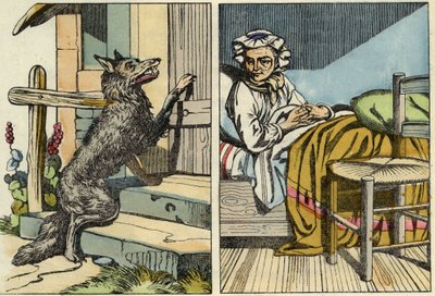 Wolf knackar på farmors dörr. Illustration av berättelsen "Rödluvan" av Charles Perrault av Unknown artist