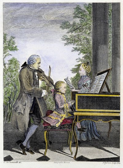Wolfgang Amadeus Mozart barn på piano omgiven av sin far Leopold på fiol och hans syster Marianne på sång - gravyr av Unknown artist