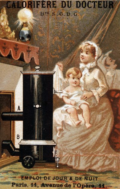 Kvinna och barn uppvärmning i en interiör, annons "" läkarens calorifere", v. 1895 av Unknown artist