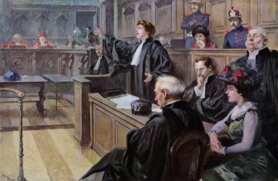 Kvinnlig advokat pläderar i Assises-domstolen (färglitografi) av Unknown artist