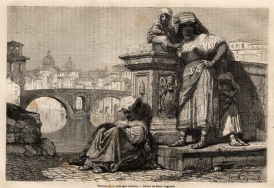 Kvinnor och barn på den romerska landsbygden vilar på kanten av Tibern, bakom horisonten: Peterskyrkans kupoler i Vatikanen. Gravyr för att illustrera resan till Rom, av Francis Wey, 1864-1868, publicerad i "Le tour du monde, no av Unknown artist