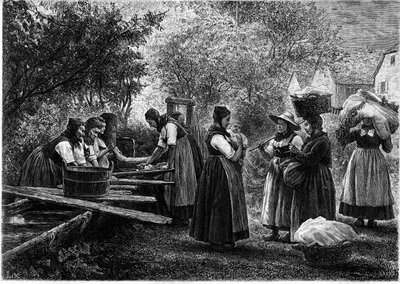 Kvinnor tvättar i Alsace. Gravyr i den berömda journalen "" La jeunesse"" av Unknown artist