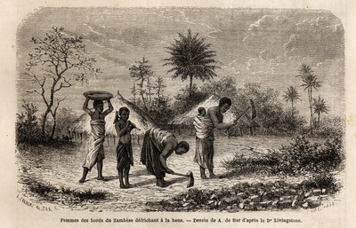 Kvinnor från stranden av Zambeze sänker en hacka och introducerar barn för jordbruksarbete. Gravyr för att illustrera Dr. Livingstones första resor till södra Afrika från 1840 till 1856, i "Le tour du monde, nouveau journal des voyages"" publicerad av Unknown artist