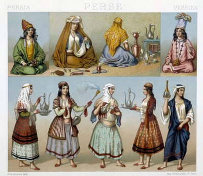 Kvinnor förbereder te och kvinnliga kostymer i Persien - i "" Den historiska kostymen"" av Racinet av Unknown artist