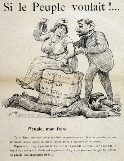 Arbetare krossad av "skatter för populo"" - tecknad serie, sent 1800-tal av Unknown artist