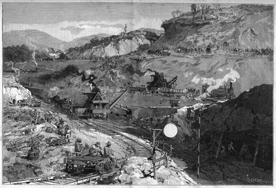 Arbetare på skyttegravsplatsen i Nedre Obispo (Bas Opispo) för byggandet av Panamakanalen. Gravyr i "" Le Monde Illustré"" av Unknown artist