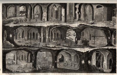 Arbeta i saltgruvan i Wieliczka - gruvstad i Polen - Vy över underjordiska arbeten i saltgruvorna i Wieliska, i Gallicie - gravyr i 