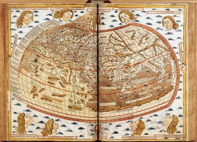 Världskarta över Claude Ptolemäus De mänskliga huvudena som blåser luft representerar de olika vindarna (vars namn anges). I latinsk geografi. till den mest välsignade fadern Paulus II, Storpåven. Nicholas gåvor." Geografimanuskript tillägnat påven Paulus  av Unknown artist