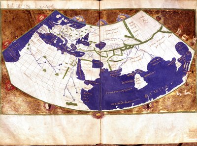 Världskarta över Claudius Ptolemaeus (Claude Ptolemee, 90-168 ap JC), grekisk astronom och astrolog - Representation av den platta jorden utan nord- och sydpolen och utan den amerikanska innehåller - 1400-talsmanuskript - Venedig, Biblioteca Marciana av Unknown artist