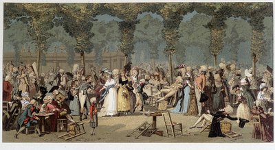 Världspromenad genom det kungliga slottets trädgårdar, sent 1700-tal - chromo efter graveringen av Debucourt av Unknown artist