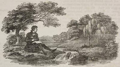 Författare under träd framför ström, illustration från Universal Theatre, encyklopedisk och scenografisk samling, nr 575, 19 juli av Unknown artist