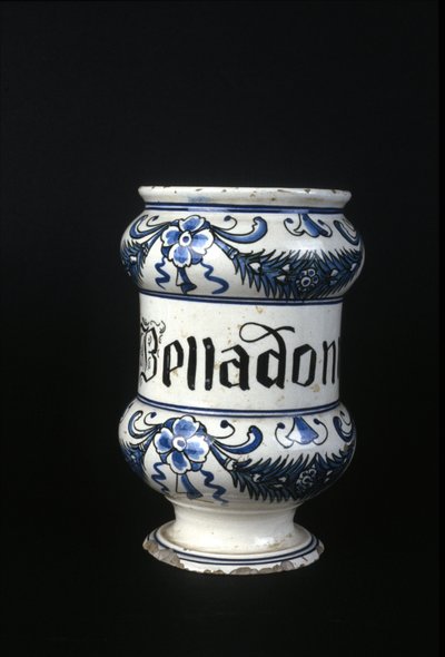 Apotekskruka från 1600-talet som innehåller Belladonna, giftig ört som används i apotek. Museum of Science and Technology, Milano. av Unknown artist
