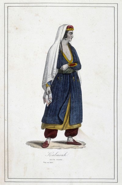 Ung Kalmouk-kvinna (mongoliskt folk i södra Sibirien) - i "" Jordens olika folk"" av Fr. Jouhanneaud, Librairie des Bons Livres, Limoges av Unknown artist