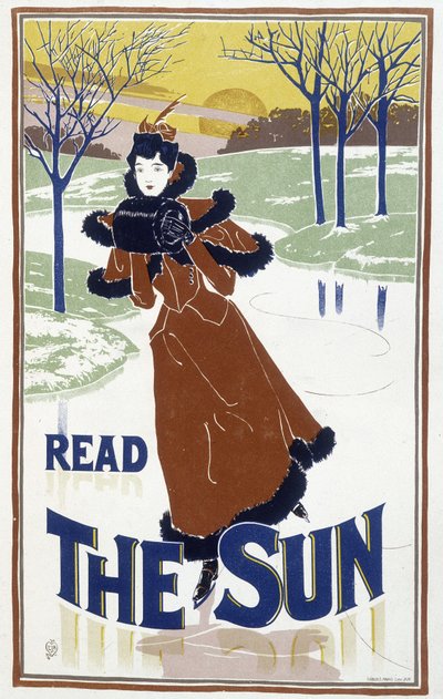 Ung kvinna åker skridskor - annons för tidningen "" The Sun"" av Unknown artist