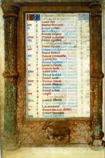 Zodiac Stenbocken och december månads heliga - medeltid i miniatyr (ref.: 135, 006v): Begäran om tillstånd till kommunalbiblioteket i Toulouse (tel: 05 62 27 66 66) av Unknown artist