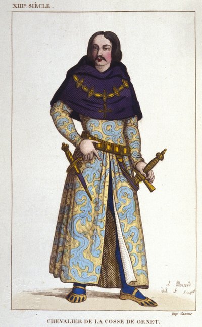 dräkt av Chevalier de la Cosse de Genet posterieur till år 1365. gravyr från 1830 av Unknown artist