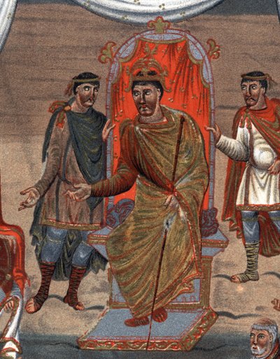 detaljer om: Karl II den skallige (823 - 877), kung av Frankrike som tar emot en delegation av munkar från Tours.Fac-Simile i kromolitografi av 1800-talet efter en miniatyr av Xth århundradet bevarad på B.N. av Paris. av Unknown artist