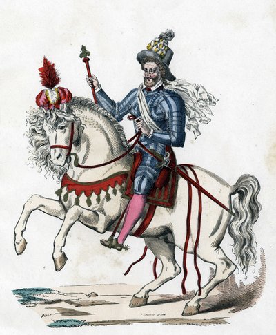 ryttarporträtt av Frankrikes kung Henri IV 1596 (1553-1610) -i "" The Civil and Military Costumes of the French through the Centuries Paris F. Roy 1882". av Unknown artist