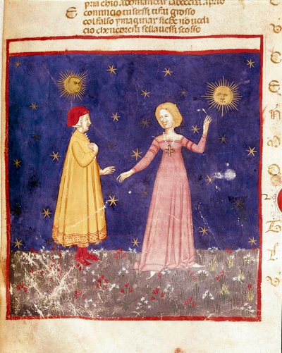 första himlen: Dante möter Beatrice i paradiset. Upplyst sida som illustrerar en sång om Paradiset från "Divina Commedia" av Dante Alighieri (1265-1321). 1300-talet, Venedig, Biblioteca Marciana av Unknown artist