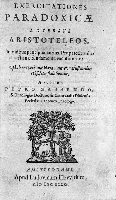 frontispice av ""The Paradoxical Exercises Against Aristoteles"" av Pierre Gassendi (1592-1655), fransk filosof, astronom, matematiker och fysiker. av Unknown artist